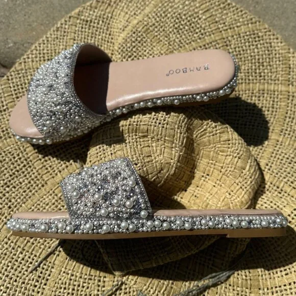 New Bling Rhinestone Pearl Open Toe Slide Sandals Flip Flops Low Flat Platform - Picture 3 of 5